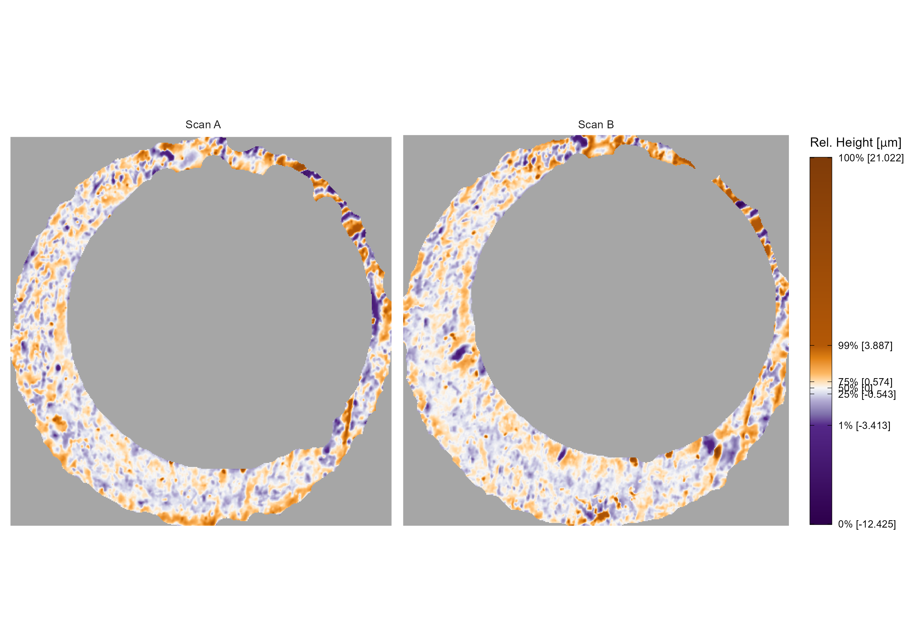 A matching pair of processed cartridge case scans. We measure the similarity between these cartridge cases using the distinguishable breech face impressions on their surfaces.