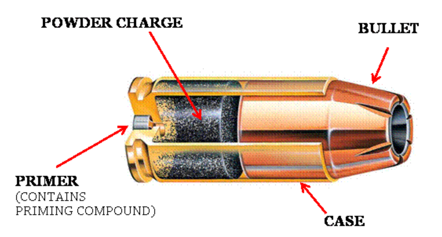 A cartridge containing primer, powder, and a bullet. The firing process is initiated by loading a cartridge into the barrel of a firearm.