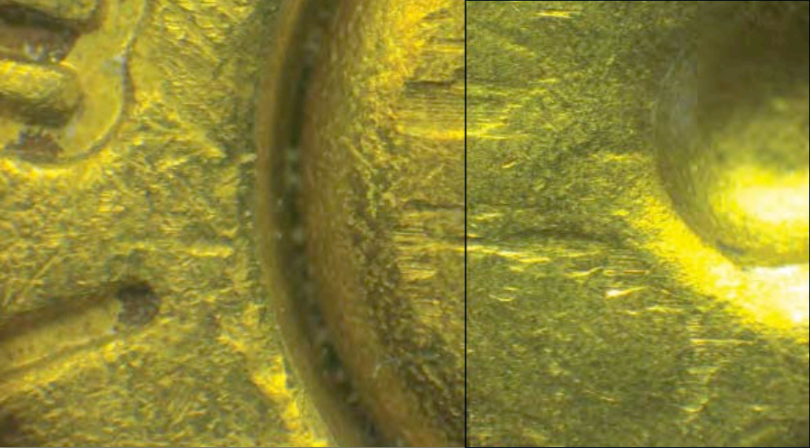 Photos of the bottoms of two matching cartridge cases separated by a vertical line. The cartridge case photos have been aligned such that it appears as if the markings from cartridge case continue across the vertical line onto the other cartridge case. This emphasizes the similar markings on the two cases.