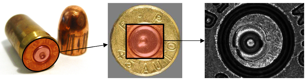 (Left) Fired cartridge case and bullet, (Middle) Base of the cartridge case that comes into contact with the breech face of the firearm, (Right) Zoom into the *primer* region showing breech face impressions.