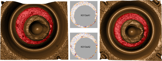 (Left) Cartridge case scan K013sA1 with breech face (BF) impressions manually annotated in red, (Middle) Processed surface matrices, (Right) Cartridge case scan K013sA2 with breech face (BF) impressions manually annotated in red. Raw scans (left and right) and processed versions of the surface matrices (in the middle) for a pair of cartridge cases fired by the same handgun (Ruger SR9, Gun A1, SerialNo 331-96383).