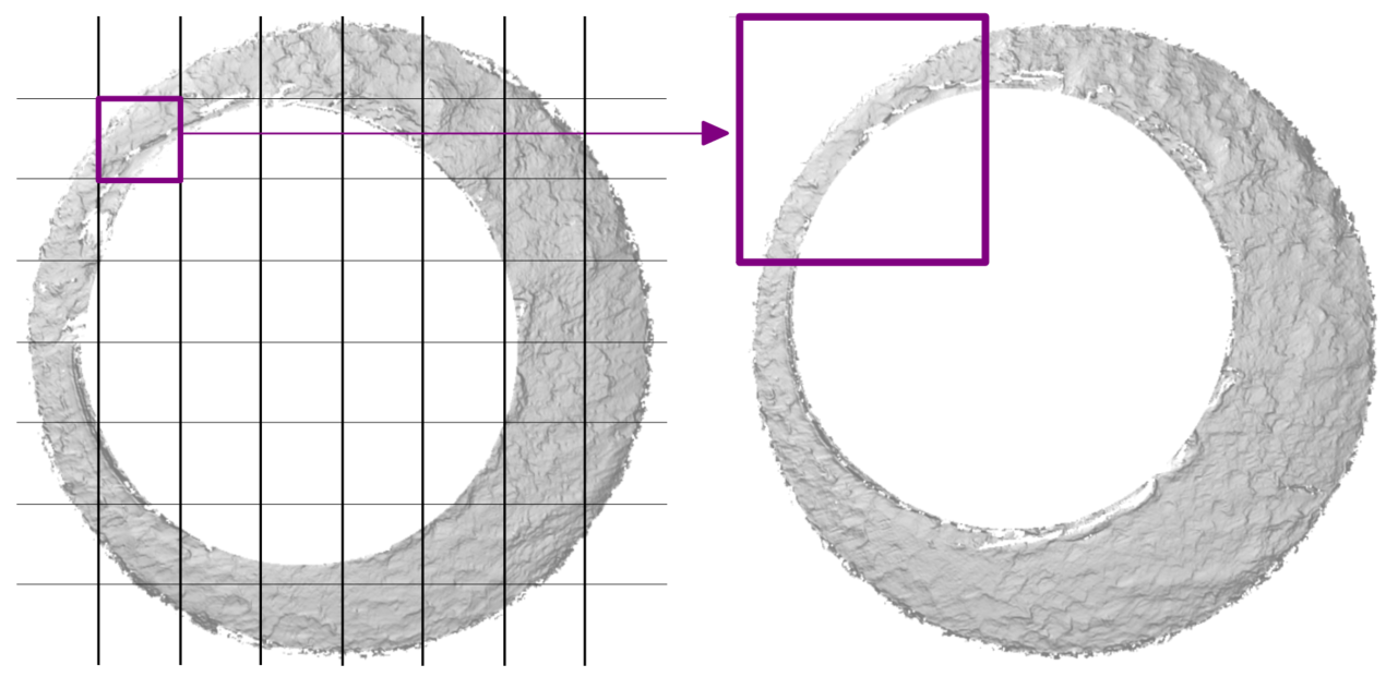 A diagram of two cartridge cases scans undergoing the cell-based comparison procedure. One scan, called the 'reference,' is shown partitioned into a grid of cells. One of the cells is highlighted with an arrow connecting it to a square region in the other cartridge case scan, referred to as the 'target.' This is to illustrate how each cell in the reference scan finds its translational and rotational alignment in the target scan.