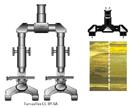 A comparison microscope consists of two stages upon which evidence is placed. These stages are placed under two compound microscopes that are joined together via an optical bridge and allow for viewing of both stages simultaneously under a single eyepiece. The image on the right shows an example of a bullet viewed under a comparison microscope.