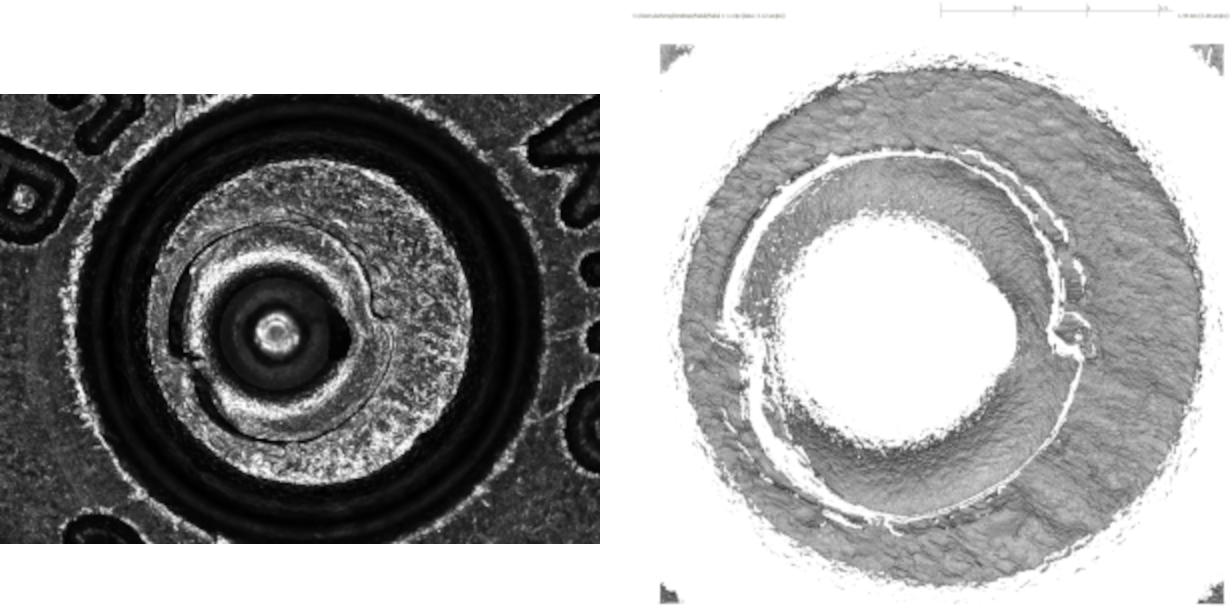 A cartridge case captured using 2D confocal reflectance microscopy (left) and 3D disc scanning confocal microscopy (right).