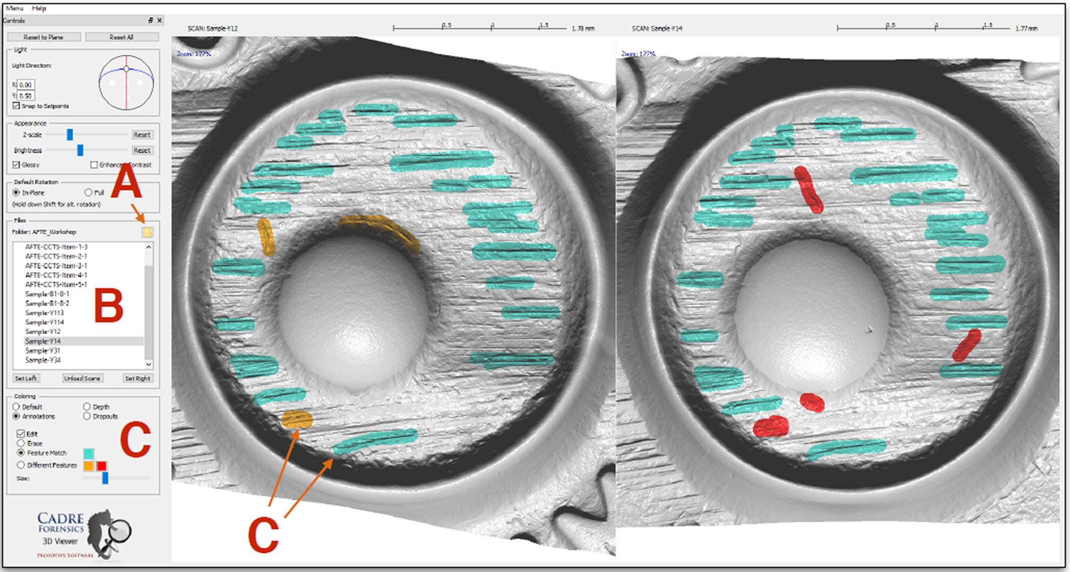 A screenshot of the TopMatch-3D\texttrademark\ Virtual Comparison Microscopy software. In this example, similar and different markings on the cartridge case scans are manually annotated by the user using shades of blue and yellow/red, respectively.