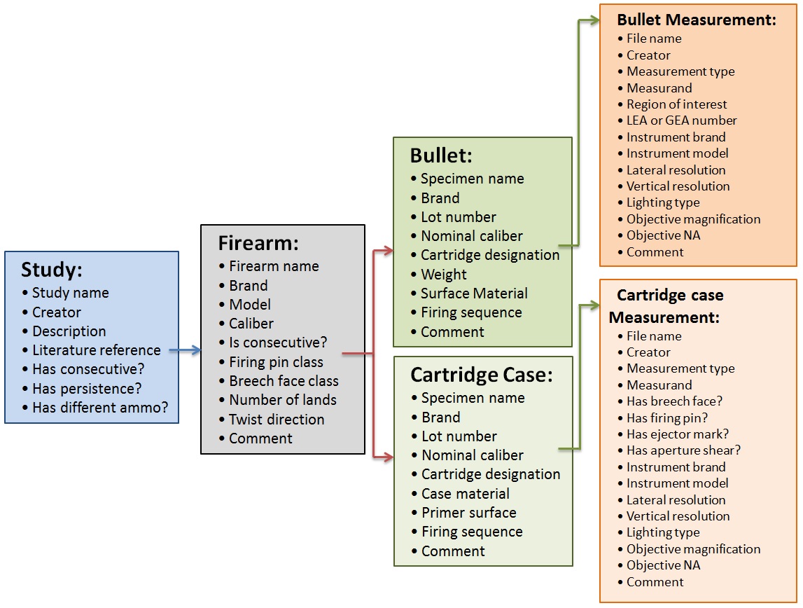 The hierarchy of information stored in the x3p file format for both bullet and cartridge case evidence.